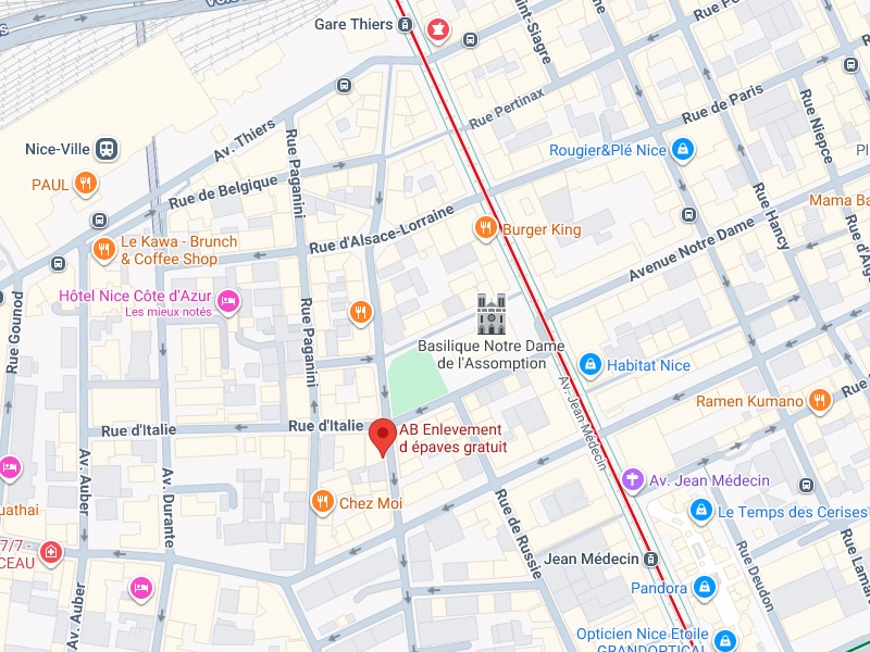 Nice Centre-ville : localisation AB Enlèvement d'épaves. Carte de Nice centre (Gare Thiers, Notre Dame, Av. Jean Médecin). Localisation de AB Enlèvement d'épaves gratuit, près de Rue d'Italie.
